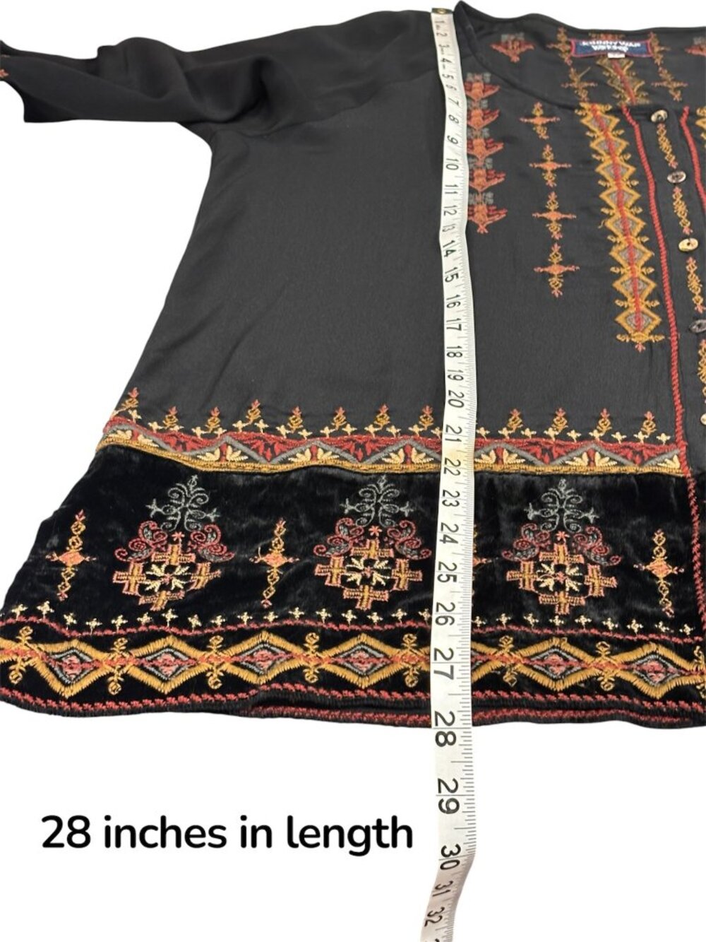 Johnny Was Workshop Silk Embroidered Boho Velvet Tunic Top Medium Black - Picture 9 of 10